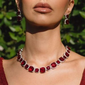 Stonefans Red Square Crystal Necklace Earrings Set Party 2024 Trend Large Bridal Jewelry Set for Women Decoration 240402