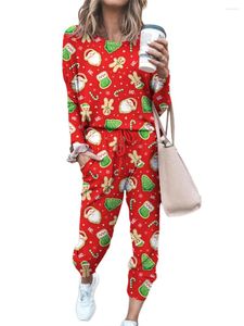 Heimkleidung Frauen gemütlicher Weihnachtsdruck 2-teiliger Jogger Pyjama Set Cartoon Langarm Tops Kordelhosen 2 Stück Loungewear