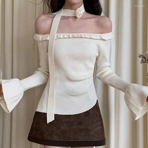 Women's T Shirts Korean Off Shoulder Knit Crop Tops Long Flare Sleeve Ruffle Trim Sweater Spring Fall Slim Fit T-Shirt With Scarf Vintage