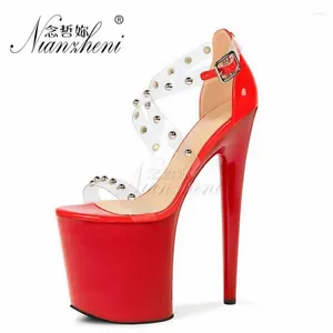 Dress Shoes 20cm Red Open Toe Rransparent Full Rivet Sandals Strip Pole Dance 8Inch Catwalk Elegant Exotic Dancer Sexy Fetish