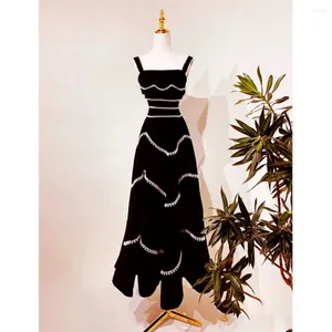 Party Dresses Elegant Black Sling Cocktail Square Collar Beading Sleeveless Backless A Line Slim Waist Formal Evening Prom Gown