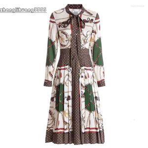 Designer Woman Dress Spring Autumn Women's Long Sleeve Vintage Print Elegant Bow Pleated Dresses Lady Clothes Slim Vestidos Robe Es Es Es