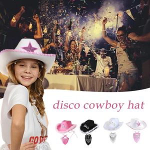 Berets Pink Cowboy Hat Western Cowgirl z bandana dhinestone wakacyjną imprezę koronną kostium pióra Panama F N7B5