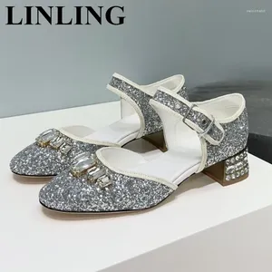 Klänningskor Silver Glitter Crystal Heels Womens Fashion One Buckle Strap Ladies Pumps Bling Round Toe Mary Janes Wedding Party