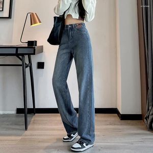 Jeans femininos Slim e elegante tubo reto malha solta Red pernas largas Celebridades Combinando calças cortadas