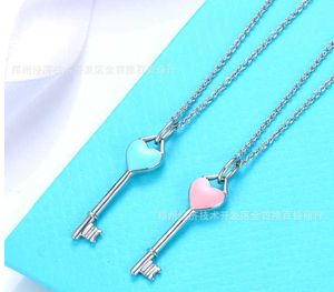 Designer Brand Tiffayss same enamel heart-shaped Key Necklace womens light luxury wind blue heart pink love clavicle key pendant