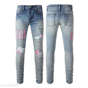 Man Jeans Designer Jean Purple marka chuda szczupła luksusowa dziura Ripped Biker Spods Stack Pant Stain Mens Women Trend Spodni