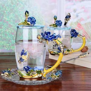 Wine Glasses Blue Rose Enamel Coffee Cup Mug Crystal Glass Cups And Mugs High-grade Tea Drinkware Gift Couple For Lover Set