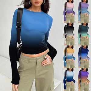 Women's T Shirts Long Sleeve T-Shirts Slim Fit Tops Y2k Gradient Trendy Basic Crop Women Crew Neck Top Casual Tee Base Shirt