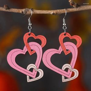 Dingle örhängen färgglada ihåliga hjärtformade för kvinnor flickor handgjorda trä geometriska valentinsdagar gåvor