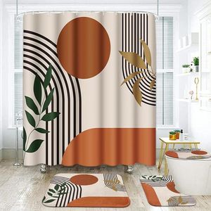 Shower Curtains Abstract Curtain Set Plant Leaf Geometric Minimalist Modern Pink Orange Fabric Decorated Bathroom