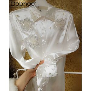 Koszule damskie bluzki koreańskie kwiat 3D ciężkie cekiny z koraliki biała koszula kobiety High End satynowy kołnierz polo z długim rękawem Summer Office Blusas Top 230630