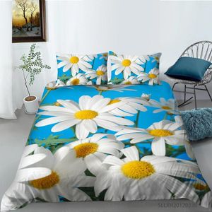 Set di biancheria da letto Bellissima copertura del piumino da stampa margherita bianca semplice set di colori blu solido decorazione per la casa per la casa 2/3 PC