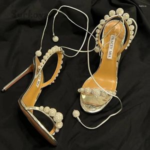 Sandals Pineapple Bling Crystal Shoes Strappy High Heels Stilettos 2024 Elegant One-Strap Round Toe Banquet Lace-Up Party