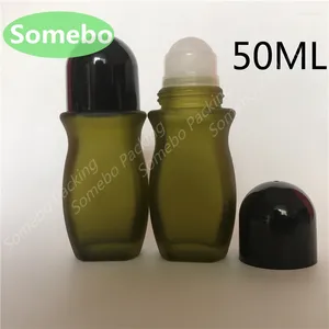 Storage Bottles 300pcs/lot 50ML Olive Green Frosted Glass Roller Bottle Body Deodorant Ball 50CC Essence