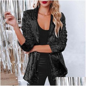 Kvinnorjackor Womens Spring Autumn Blazers Women Sequin Blazer Sequin Shimmer Jacket Casual Long Sleeve Glitter Party Shiny Lapel C DHP6Z