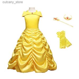 Flickans klänningar Nya flickor Princess Bel Dress Up Halloween Costume For Kids Sevess Yellow Party Dress Barn Carnival Birthday Ball L240402
