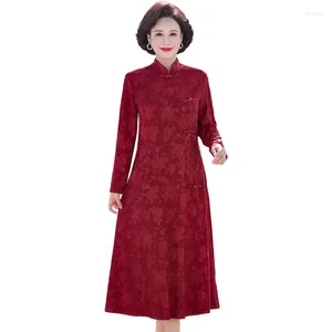 Vestidos casuais moda disco chinês fivela vestido de primavera feminina flor vermelha elegante em fila de escritório lace senhoras vestidos