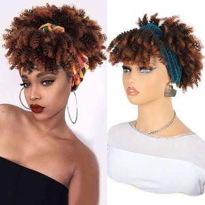 Short Curly High Puff Head Band Wigs Fluffy with Bangs Synthetic Afro Kinky Headband Wigs