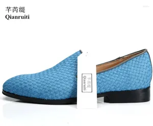 Casual Shoes Qianruiti Men Blue Weaving Slip-On Loafers Prom Wedding Flats Vintage Style för EU39-47