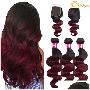 Human Hair Wefts With Closure Ombre Body Wave Bury Peruvian Weave Bundles 1B/99J 3 Drop Delivery Products Extensions Otpzi