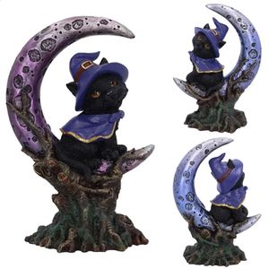 Spooky Black Cat with Witch Hat Statue Crescent Moon Figurer Söta Broom Cat Halloween Ornament Home Garden Decor Accessories 240329