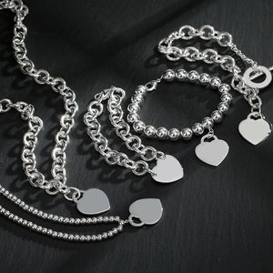 Top quality S925 Silver Love Pendant Necklace Cuban chain Titanium stainless steel Designer Necklace Heart Bead Bracelet for Women man Jewelry Gift