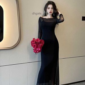 2024 Spring New Womens French Sexy Perspective Mesh One Line Neck Slim Fit Long Two Piece Dress 9562