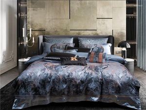 Sängkläder sätter abstrakt konst Jacquard grå blå lyxdekoration set premium bomull satin täcke täcke lakan kuddväskor 4/6/11 st