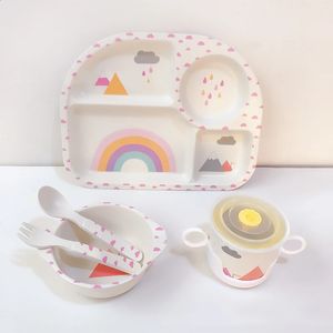 Cartoon Bamboo Fiber Baby Feeding Plate Children Tableware Tray Dish Bowl Fork Spoon Cup Food Training Dinnerware Set Kids Gift 240321