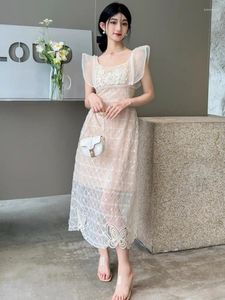 Casual Dresses Elegant French Flower Butterfly Embroidery Dress Women's Flying Sleeve Pearls Beading 3D Floral Mesh Lace Party Vestidos