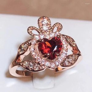 Cluster Rings 925 Stamp Romantic Rose Gold Red Corundum Heart-shaped For Women Female Couples In Fashion Zircon Jewelry Wedding Gift
