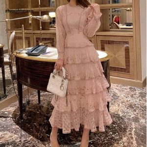 Dresses Pink Casual Lace Embroidery Maxi Dress Female Autumn Winter Full Sleeve High Waist Ruffle Elegant Long Party Woman