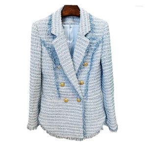 Women's Suits Spring Autumn Elegant Blazers 2024 Gold Button In Jackets Ladies Ribbed Tweed Mid-Length Blazer Sky Blue