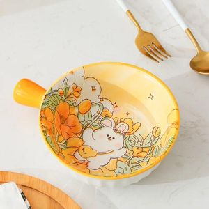 Ciotole riso ceramico con manico ramen ciotola giallo utensili da tavolo creativi per frutta da cartone animato da cucina