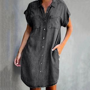 Casual Dresses Button Down Summer Denim Shirts Dress Women's Cowboy Style Mini Short Sleeve 2024 med fickor