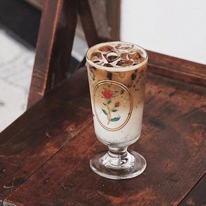 Wine Glasses 240ml Vintage Rose Printed Glass Cup Transparent Hand-painted Goblet Coffee Korean INS Juice Tea Ice Cream Dessert Cups Gift