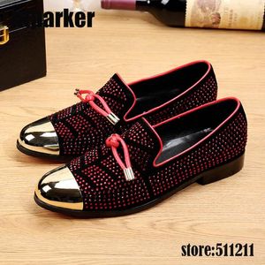 Casual Shoes Italian Style Handmade Red Rhinestone Men's Loafers Golden Cap Dress Flats Luxury Party Wedding 38-46