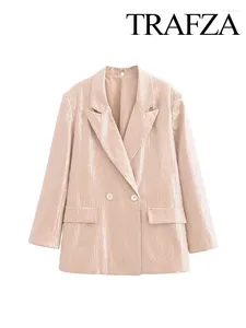 Damskie garnitury Trafza Spring Fashion Women Blazer Solid Down Cołd Long Rleeves Pockets Cears Decoration Podwójnie piersi żeńskie płaszcze