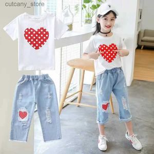 Pantolon moda 2023 kız kıyafetleri yaz Summer kısa Seve T-shirt + kot pantolon 2pcs çocuk giyim çocuk kıyafetleri genç 6 8 10 12 evet l46