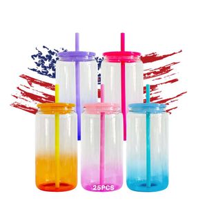 New Arrival High Quality Tea Cups 16oz Gradient Sublimation Jelly Glass Can Tumbler with Straw and Plastic Lid
