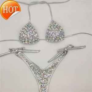 Designer Sexig Bikini Set 2024 New Fashion Vacation Style Diamond Set Bandage Open Push Up Bling Stones Swimsuit Sexy Women Swim 210621