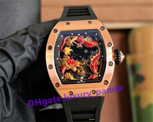 2024 Relógios masculinos Bracelete de borracha Chinese Loong Watch Tourbillon Movem