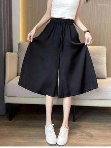 Frauenhose schwarz losen sieben Punkte Weitbein Hosen Frauen Frühling Sommer plisderner gelegentlicher elastischer Taille A-Line-Kordelschnürtrend