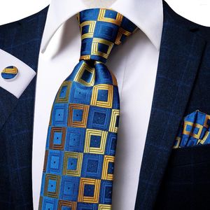Papite papite hi-tie blu giallo plaid cravatta maschile set di seta di lusso 8,5 cm Grande cravatta per uomo Fashion Hanky gemelli Qualità del matrimonio