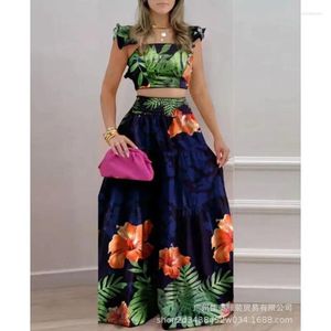 Arbetsklänningar 2024 Spring Summer Women's Clothing Positioning Print ärmlös Square Collar Top Long Dress Suit Two-Piece Set