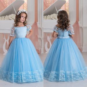 Dresses Light Blue Flower Girls Dresses Off Shoulder Short Sleeves Lace Appliques A Line Kids Party Dress Formal Wear Lace Up Girls Pagean