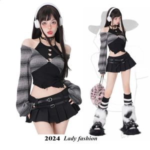 Spring Autumn Two Pieces Skirt Set Women Y2k Crop Tops T-shirt Short Skirt Japanese Kawaii Fashion Suits Chic Korean 240326