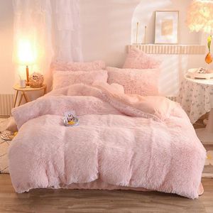 Zestawy pościeli Furry zimowe ciepłe kawaii set luksusowe pojedyncze łóżko Nordic Pure Color Pluszowa kołdra z okładkami poduszki z prześcieradłem