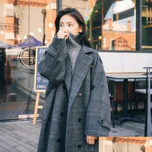 Women'S Wool & Blends Womens Plaid Woolen Coat Mid-Length Korean Oversized Preppy Student Loose Over-The-Knee Jackets Drop Delivery Ap Dht5A